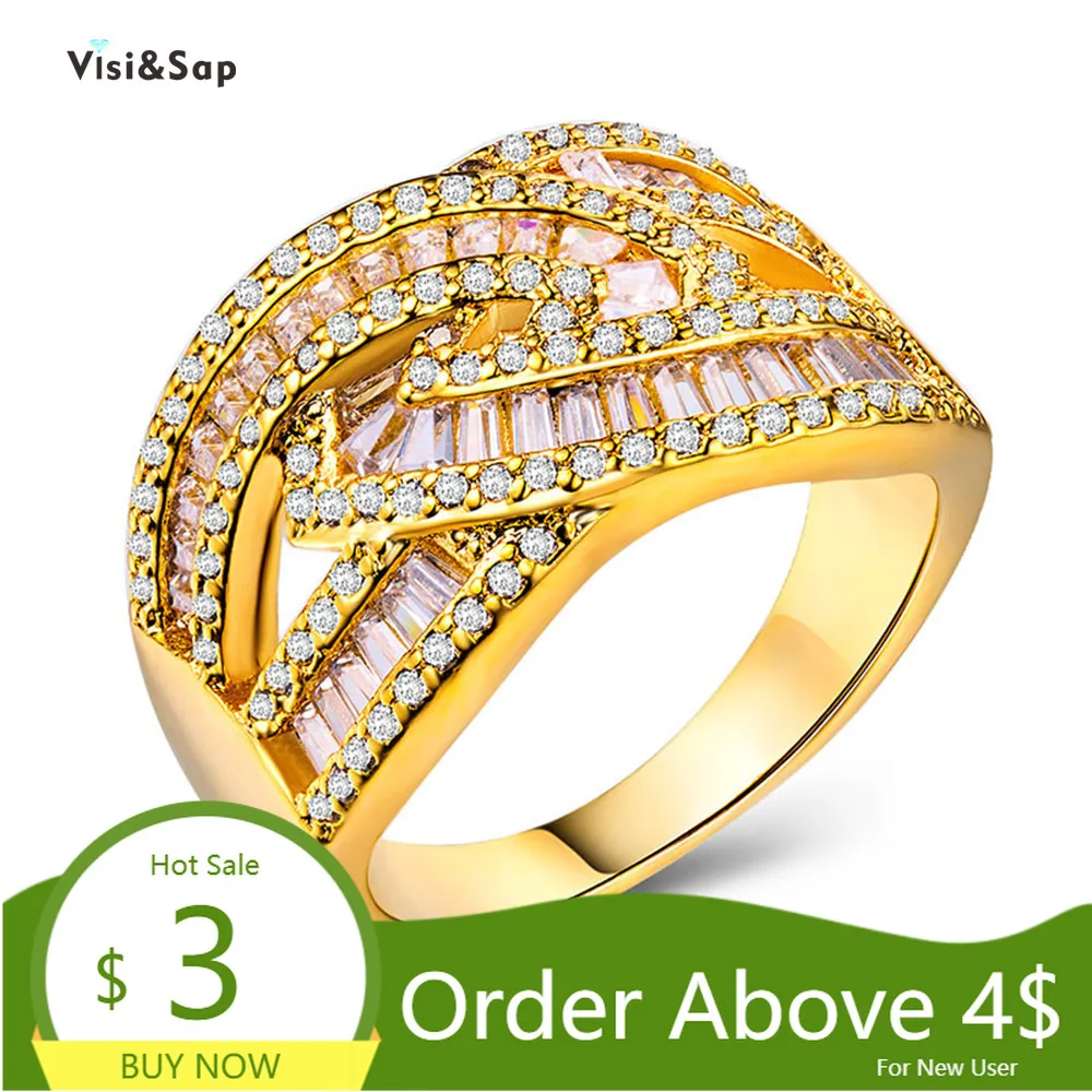 Visisap Luxury Popular Style Double C Zircon Ring Yellow Gold Color Accessories for Lady Exaggerate Party Jewelry Wholesale B845 | Украшения