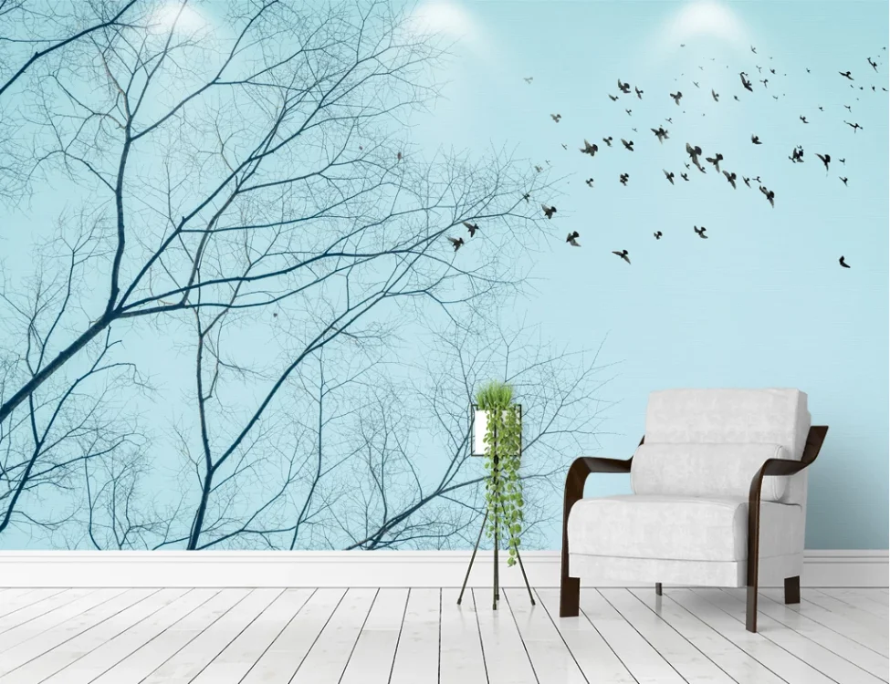 

XUE SU Custom large-scale mural wallpaper Nordic style dry tree flying birds black and white style background wall wall covering