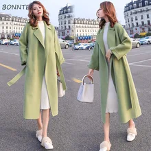 Женское однотонное зимнее пальто высокого качества с карманами, с открытым стежком, в Корейском стиле, длинное пальто Harajuku, Женская Регулируемая Талия, шик