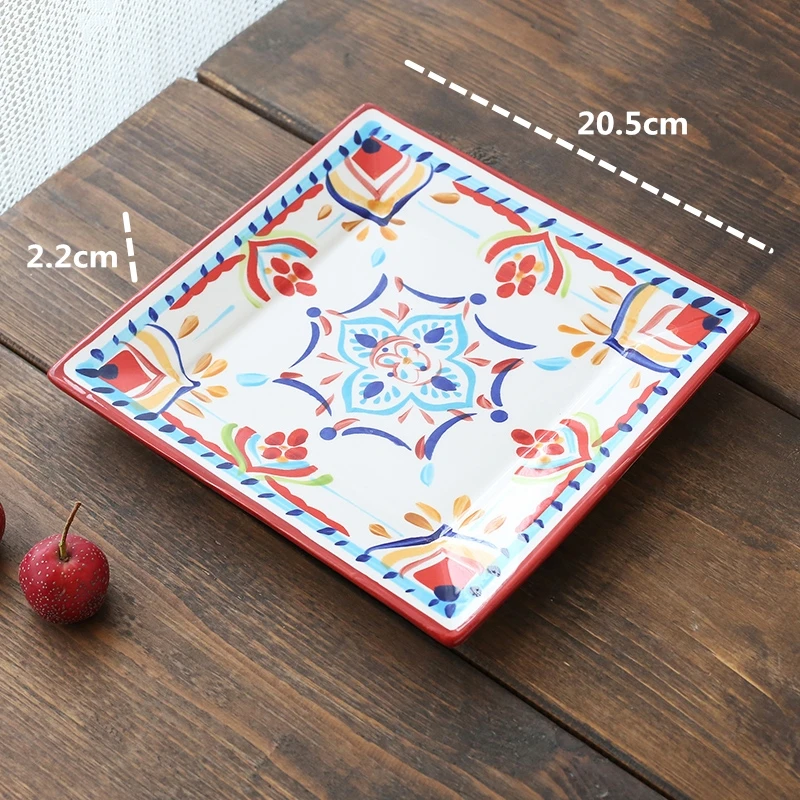 Квадратная керамическая тарелка с цветком, ручная роспись, тарелка для фруктового салата, десерт, стейк, японская кухня, кухонная посуда для хранения, Декоративная посуда - Цвет: C