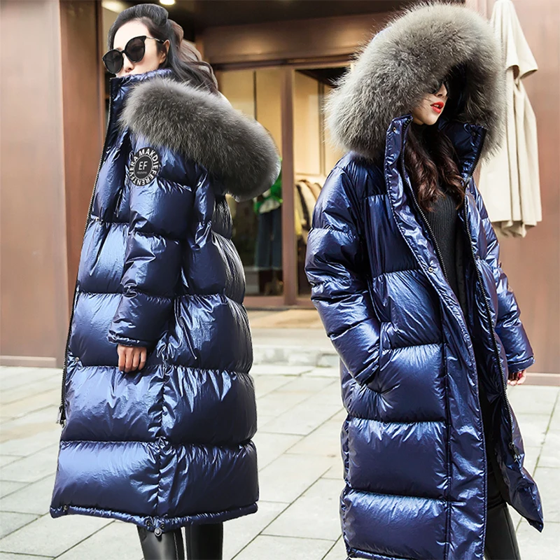 Koop Fur Hooded Lange Winter Donsjacks Vrouwen Effen Reflecterende Plus Size Parka Streetwears Vrouwelijke Thicken Warm Duck Down Jassen Nieuwe