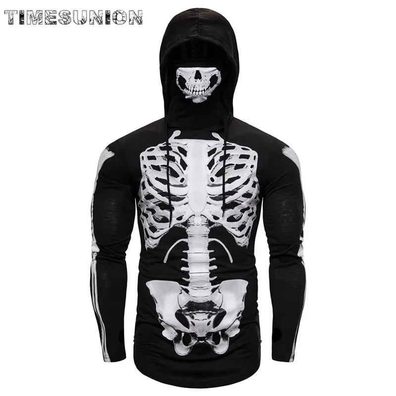

Long Sleeve t shirt Men Cotton Hip Hop Hooded Sweatshirt Tops 3D Print Skeleton Halloween Cosplay Sudadera Harajuku Streetwear