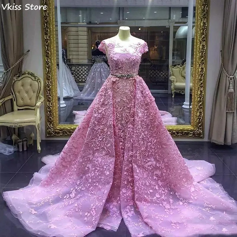 

Vkiss Luxury Evening Dress Appliques Detachable Sweep Train Mermaid Short Sleeves Pink O-neck Prom Dress