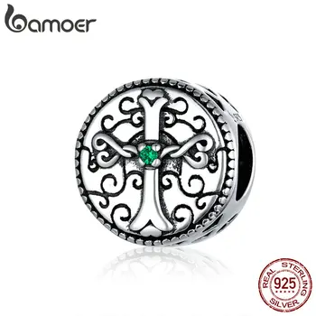 

bamoer Vintage Retro Round Beads for Women Jewelry Making 925 Sterling Silver Cross Charm for Bracelet & Bangle SCC1510