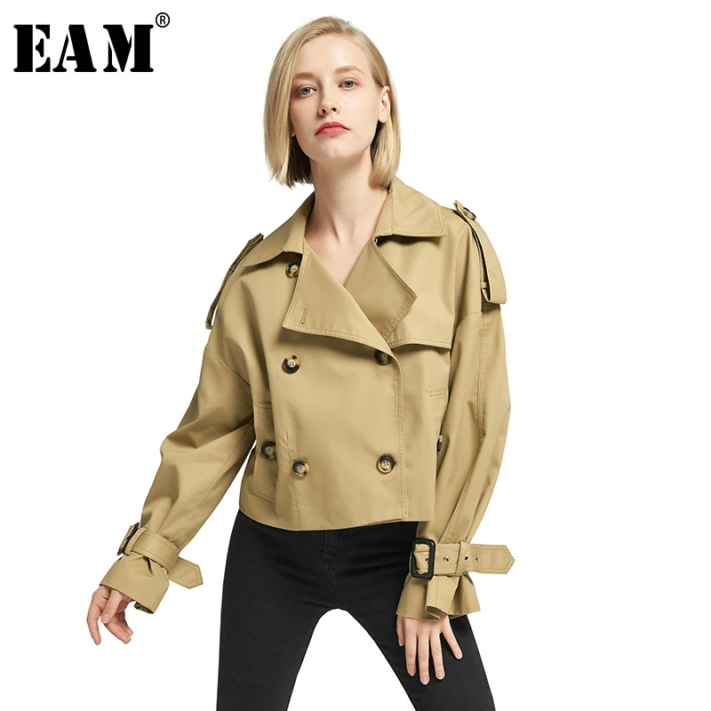 

[EAM] Loose Fit Khaki Split Joint Double Breasted Short Jacket New Lapel Long Sleeve Women Coat Fashion Tide Spring 2020 1N528