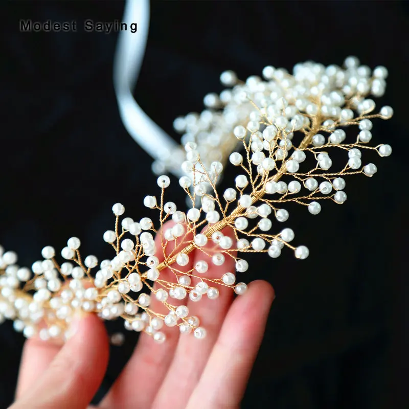 Crystal Branch Wedding Headband Pearls Bridal Headwear with Ribbons Bridal Wreath Ornaments Wedding Accessories Headpiece
