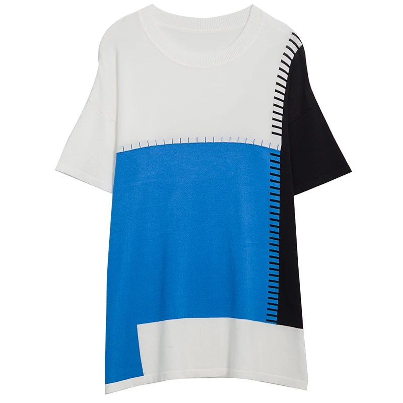 2020 Women Loose Pullovers Patchwork Sweater Large Plus Size Female Summer Thin Kint Oversize Big top cloth | Женская одежда