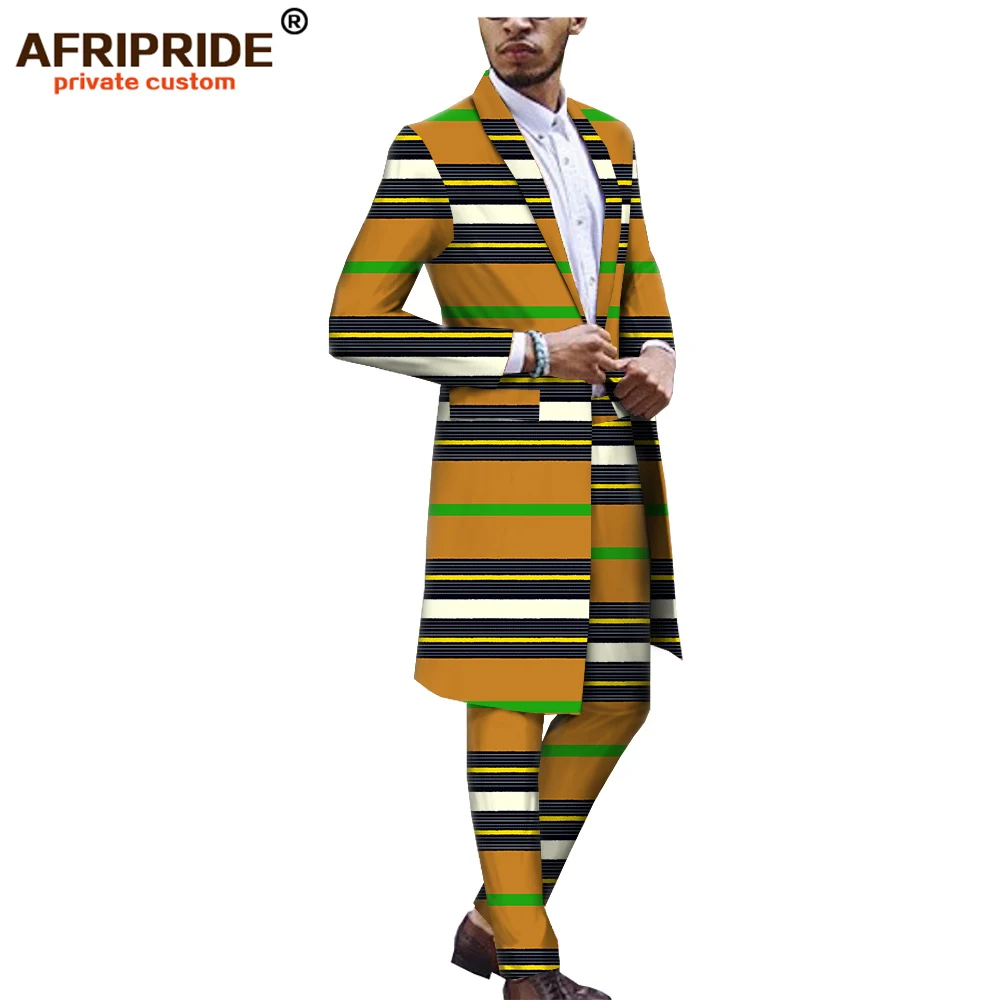 Африканский Анкара Дашики костюм для мужчин AFRIPRIDE Портной сделал Базен richi одна пуговица длинная куртка+ длинные брюки A1816012 - Цвет: 546J