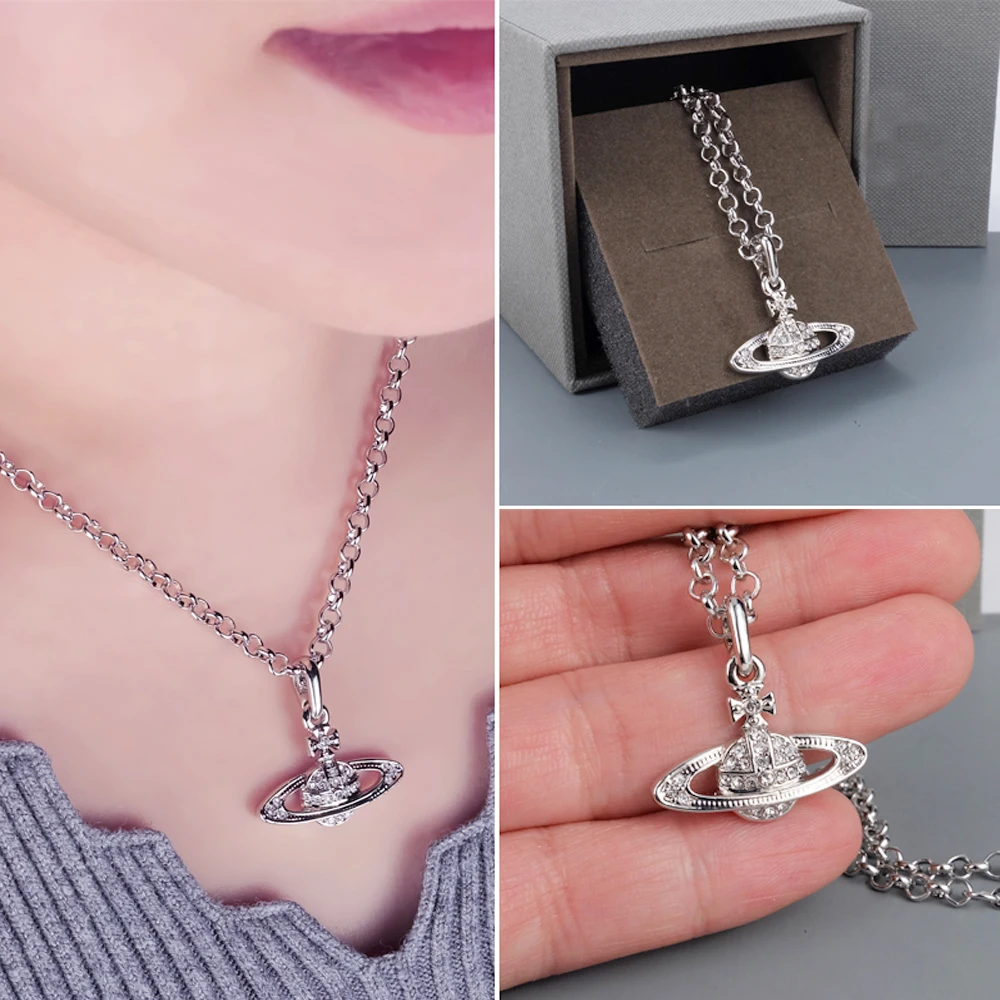 XIAOJINGLING Bling Кристалл Стразы Сатурн планета подвеска колье ожерелье 45 см сверкающие ювелирные изделия подарок для женщин девочек - Окраска металла: Silver