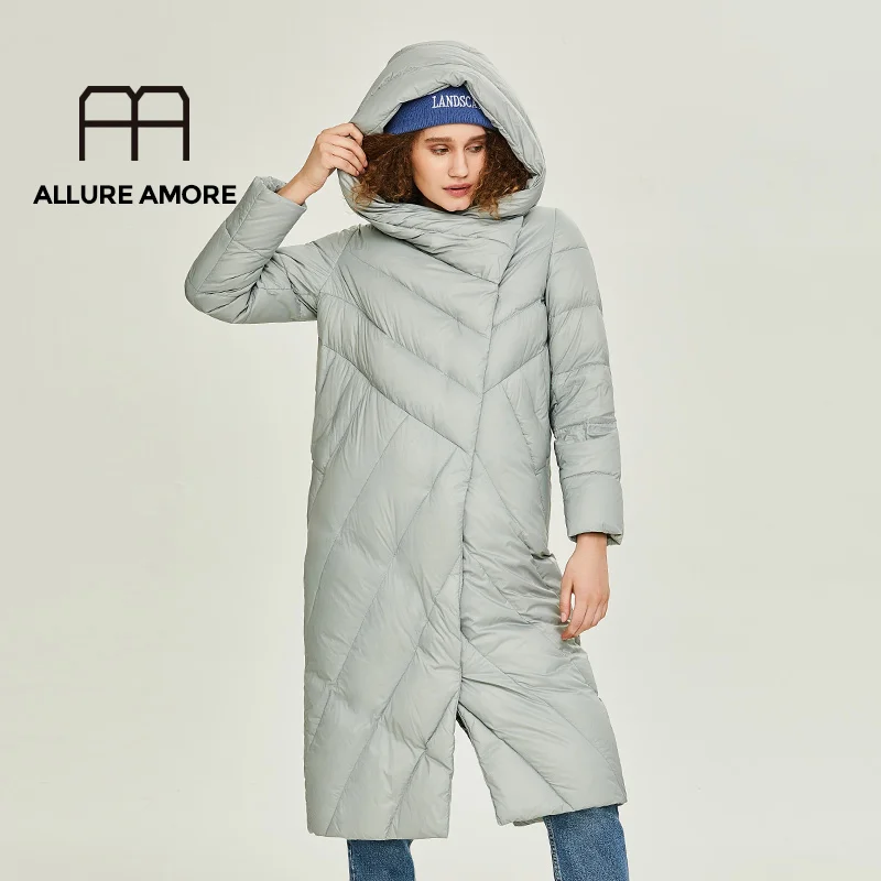 

AllureAmore Winter and Autumn Outwear Women White Duck X-Long Down Warm Jacket in Hooded Fashion Cocoon Parkas Plus size design