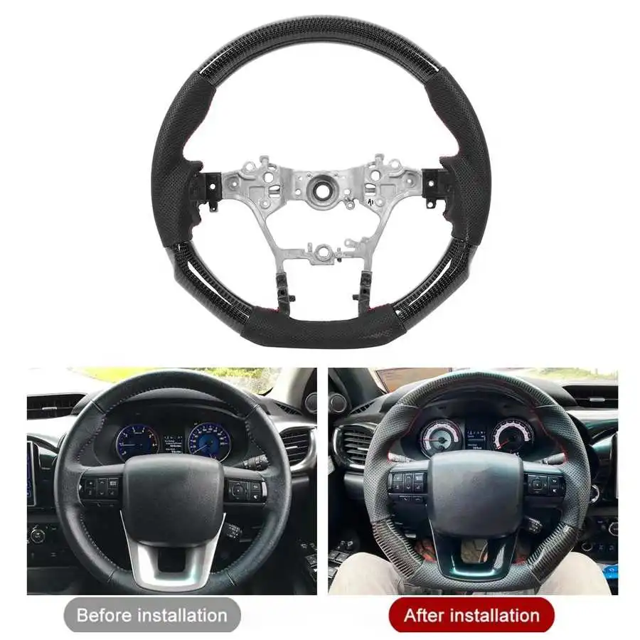 Hlyjoon Steering Wheel,Carbon Fiber Steering Wheel Nappa Perforated Leather W/Red Stitching LED Performance Steering Wheel Fit for Hilux SR5 Revo Fortuner 2015-2020