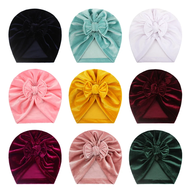 Solid Baby Cotton Beanies Cute Bear Ear Bowknot Turban Hats Sweet Soft 0-4T Elastic Caps For Newborn Baby Boy Girls Headwraps