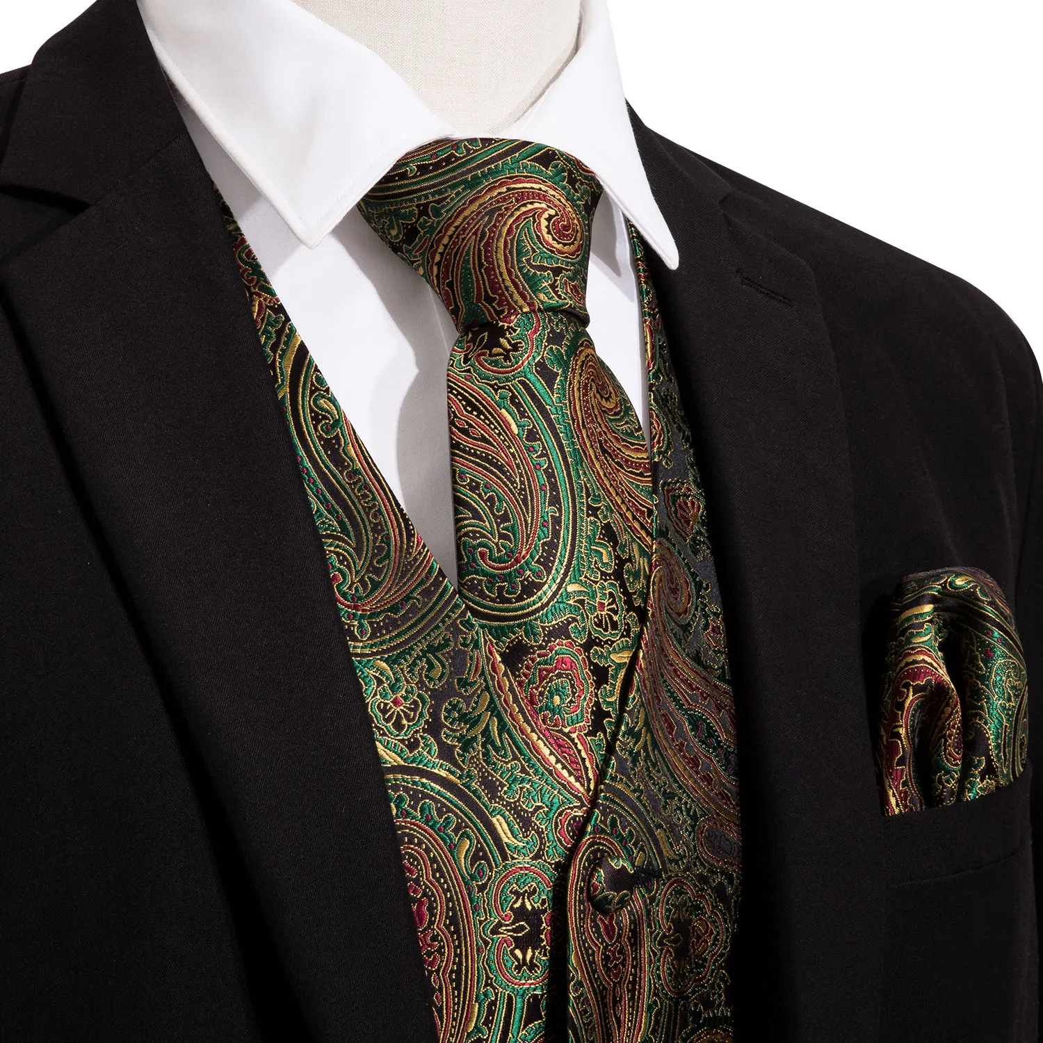 4PC Mens Silk Vest Party Wedding Green Paisley Solid Floral Waistcoat Vest Pocket Square Tie Slim Suit Set Barry.Wang BM-2015