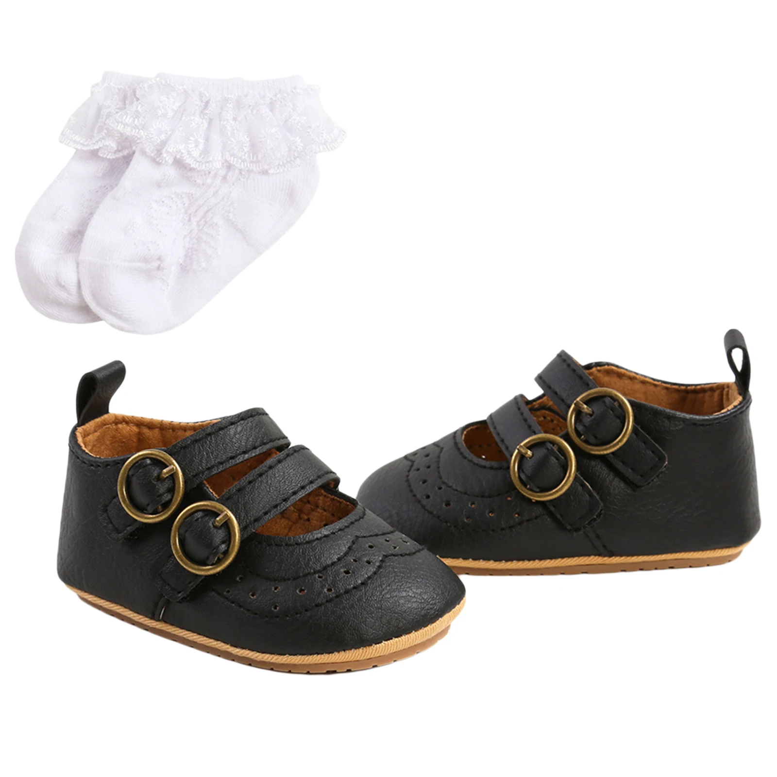 Baby Girls Boys Non-Slip PU First Walking Shoes, Buckle Strap Soft Sole Solid Infant Slip-on Sock Shoes 5