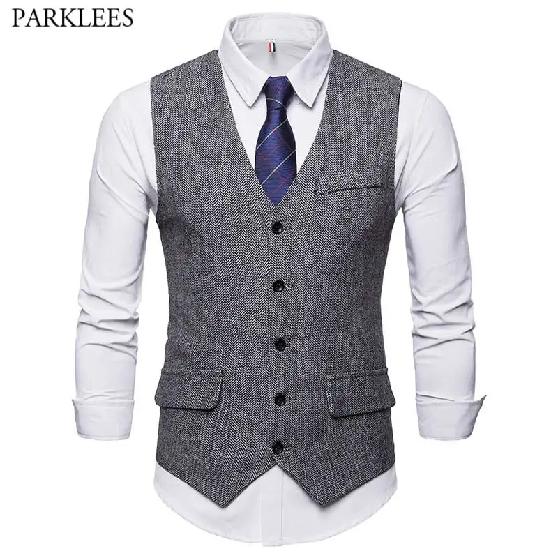 

Gray Men's Herringbone Tweed Suit Vest 2021 Brand New Slim Fit Sleeveless Waistcoat Male Vintage Gentleman British Dress Vest