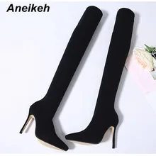 Aneikeh, новинка г. Модная подиумная стелька из эластичной ткани, сапоги женские сапоги выше колена с острым носком на высоком каблуке