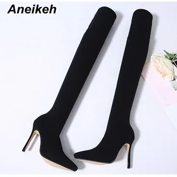 

Aneikeh NEW 2020 Fashion Stretch Fabric Sock Boots Pointy Toe Over-the-Knee Heel Thigh High Pointed Toe Woman Boot Shoes Size 42