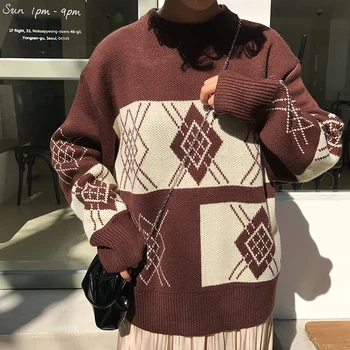 

Preppy Style Argyle Color Block Pullover Sweater Women Autumn Winter Round Neck Long Sleeve Casual Jumper Woman Vintage Sweaters