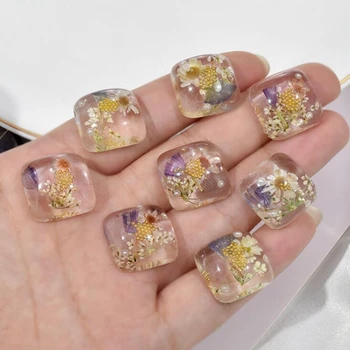 

10pcs/lot Natural dried Mini flowers square resin Loose Beads Charms For DIY Earrings hairpin accessories jewelry materials