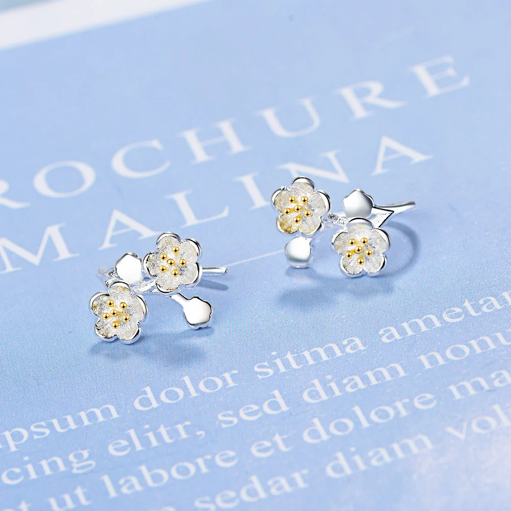 925 Sterling Silver Cherry Blossoms Flower Earrings Women Fine Jewelry hoop earrings,stud earrings,ear clip earrings,clip earrings,ear clip,ear accessories,magnetic earrings
