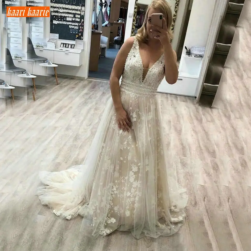 Очаровательные свадебные платья Boho с v-образным вырезом Кружевная аппликация из бисера трапециевидные Свадебные платья длинное свадебное платье с коротким шлейфом деревенский замок