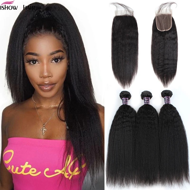 Tanie Ishow perwersyjne proste włosy wiązki z zamknięciem Yaki proste włosy ludzkie wiązki z zamknięciem brazylijski włosy wyplata wiązki nie Remy