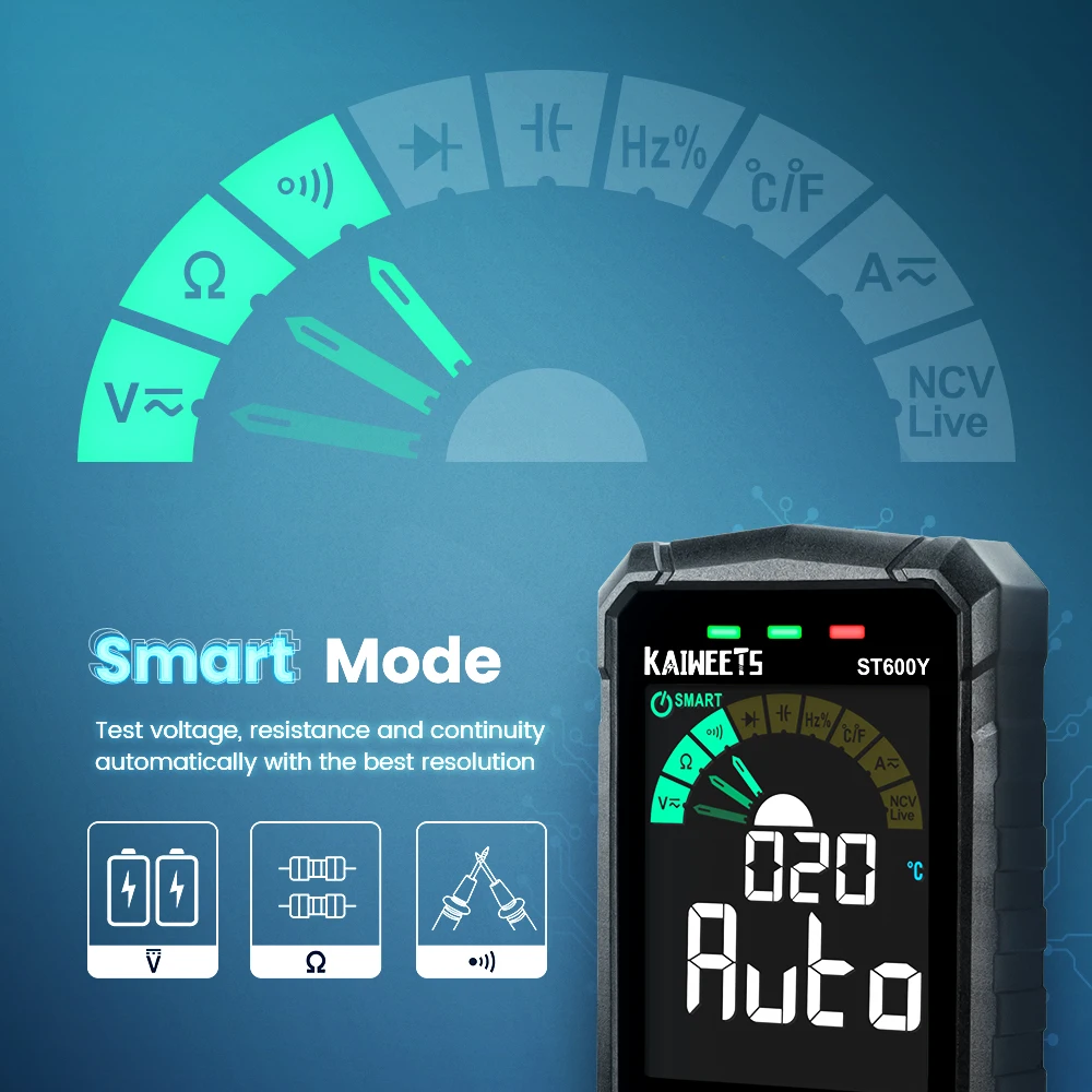 KAIWEETS ST600Y Ture RMS Digital Multimeter Auto Range NCV Intelligent Multimetro Tester AC DC Voltage Capacitance Ohm Hz Meter laser measuring tape