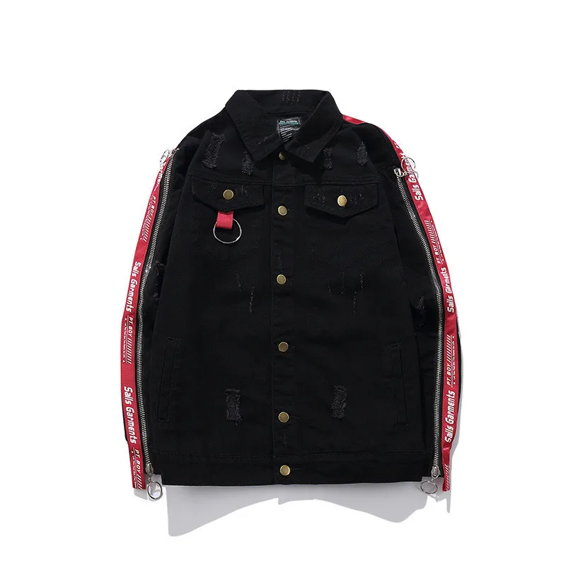 Черный KIMSERE Для Мужчин's Марка NEW Fashion Hi Street Хип Хоп рваные джинсовые куртки уличной моды разрушенная деним джинсовая куртка Верхняя одежда черный, красный - Цвет: Черный