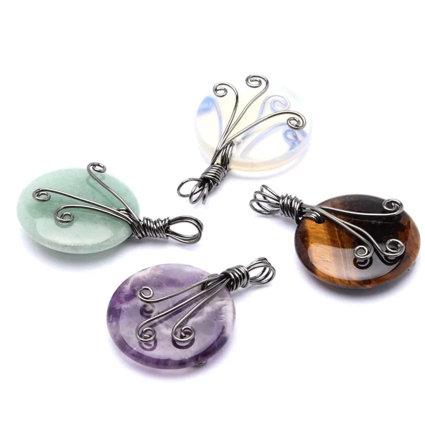 

FYJS Unique 10 Pcs Silver Plated Wire Wrap Amethysts Crystal Round Pendant Tiger Eye Stone Jewelry