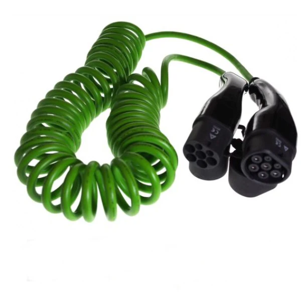 

16A 32A EV plug 3-phase green colied cable Type 2 to Type2 Mennekes connector electric vehicle charging station charger