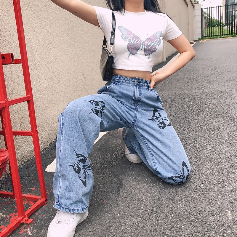 

High Fashion Streetwear Butterfly Long Straight Pants Casual Harajuku Denim Ladies Fashion Jeans Female Women Bottoms Pants