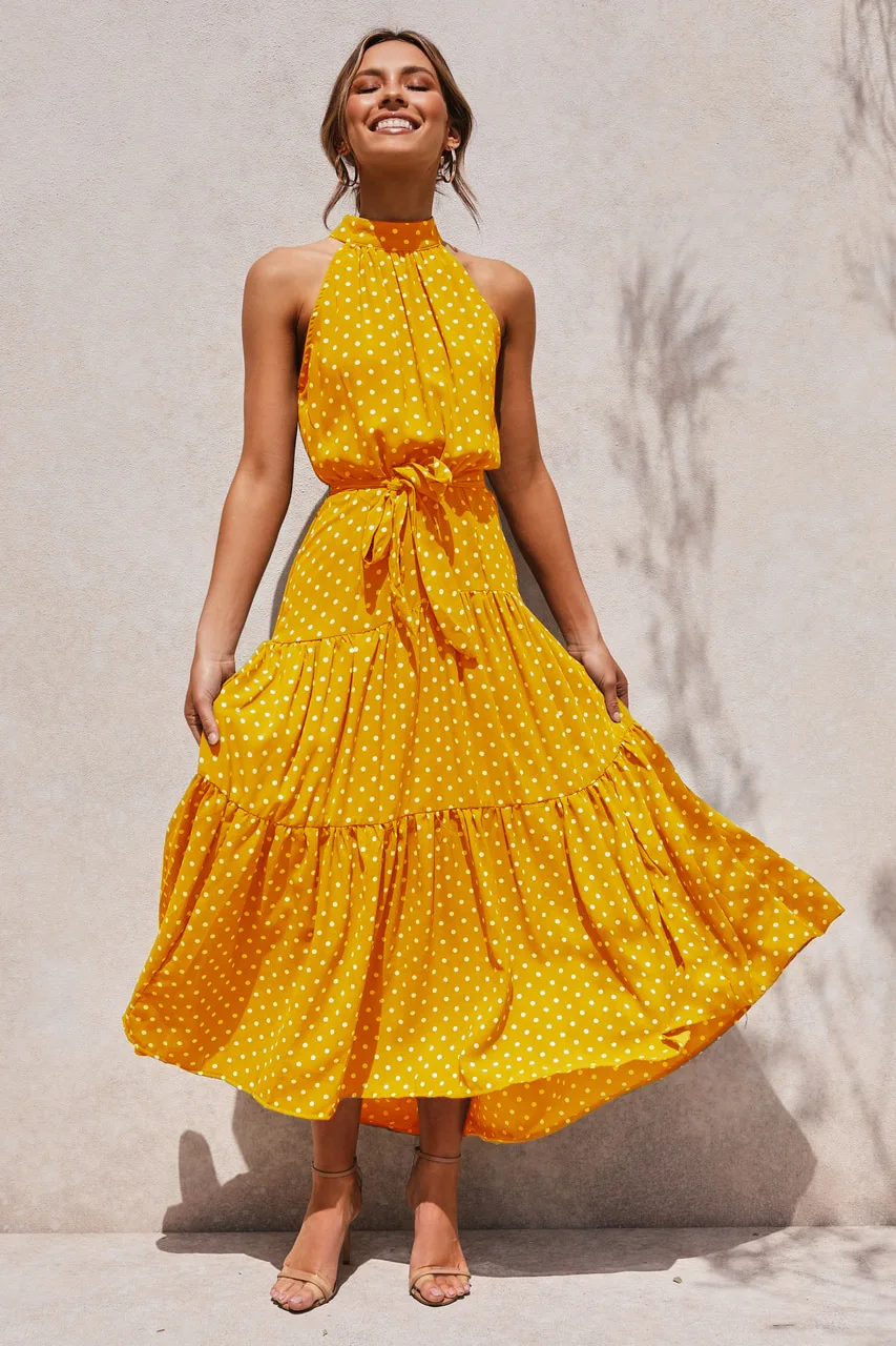 Summer Long Dress Polka Dot Casual Dresses Black Sexy Halter Strapless New 2021 Yellow Sundress Vacation Clothes For Women