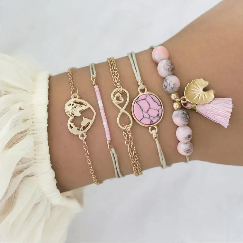 

5 Pcs/set Bohemian Flower Bracelets Set Vintage Bead Boho Heart Charm Bracelet For Women Jewelry Pulseras Mujer Bijoux Femme
