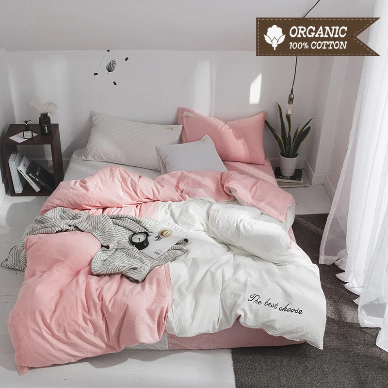 

100% Washed Cotton Bedding Set Yarn-Dyed Two-color Stitching Style Bed Sheet Quilt Cover Pillowcase 3-4pcs Bed Linen Set