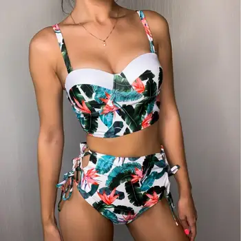 

New Leaf Print Swimsuit Bandage Bikinis Set High Waist Swimwear Women Bikini Padded Bathing Suit Biquini maillot de bain femme