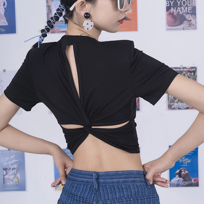 

Женская футболка Harajuku, летней одежды с коротким рукавом для детей, Y2k повседневный элегантный свитер, надеваемый через голову; Свитер с круглым воротом; С открытой спиной облегающее одноцветное Цвет тонкий новый