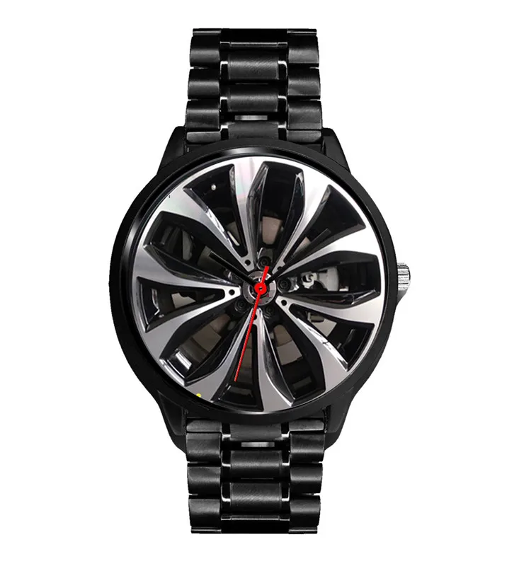 Колеса каретки мужские наручные часы из нержавеющей стали изготовленный на заказ дизайн печатный обод часы черный