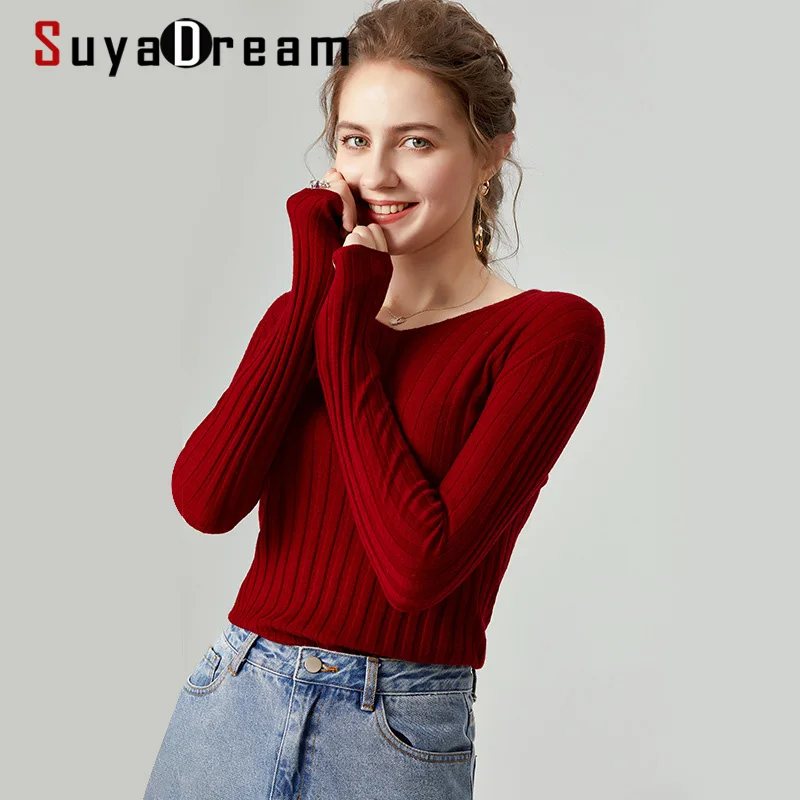SuyaDream woman Wool sweaters 100%Wool V neck