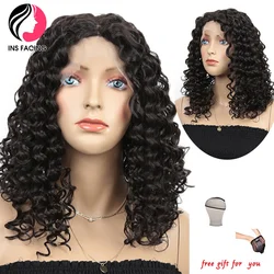 INS FACING Lace Front Wig for Afro Women Natural Black Synthetic Lace Wigs Cosplay Party 16'' Curly Glueless Pre Plucked Hair