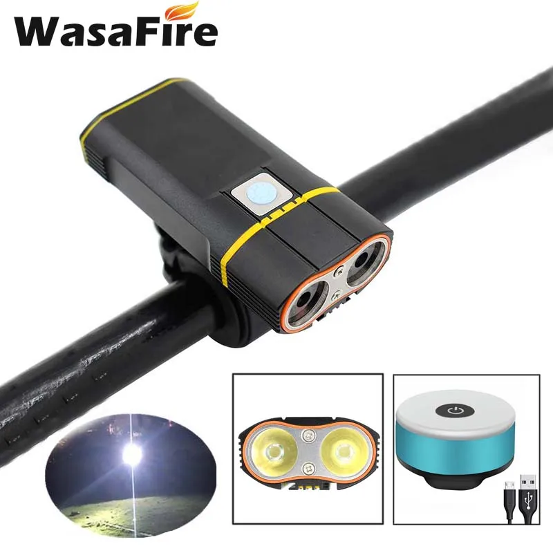 with blue taillight WasaFire 2* XML-T6 светодиодный велосипедный передний светильник USB велосипедный флэш-светильник 5 режимов велосипедный головной светильник фонарь+ крепление на руль+ задний светильник - Цвет: with blue taillight