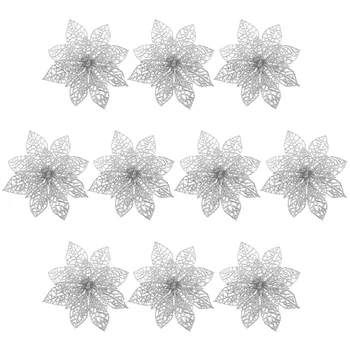 

10PCS Silver Plastic Simulated Glitter Decorative Flowers for Christmas Tree Winter Decoration