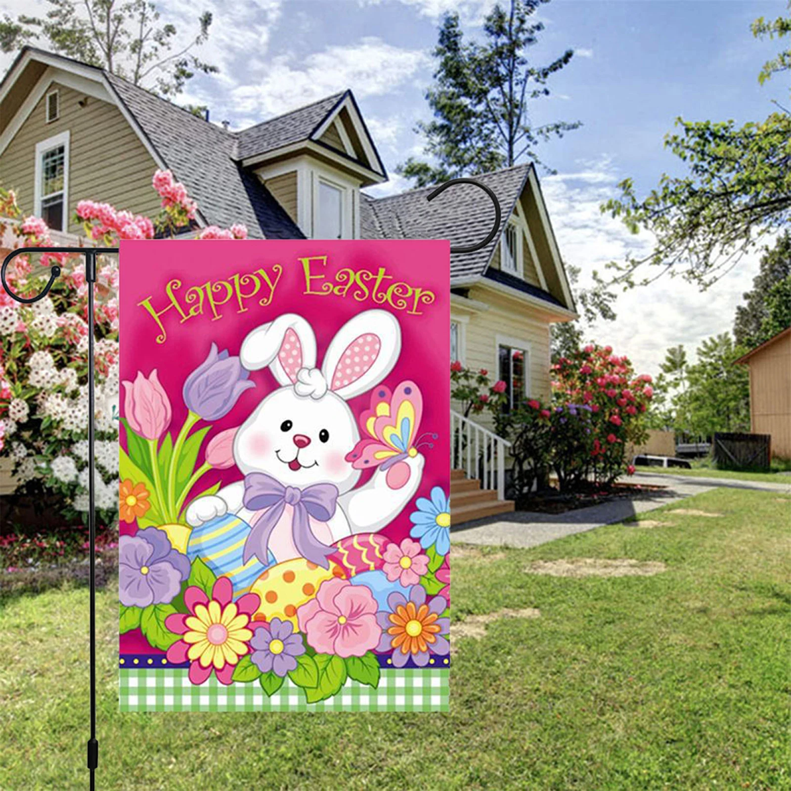 Easter Garden Flag with Cartoon Bunny Egg Pattern Festival Banner ...