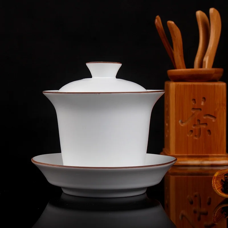 Jingdezhen Ding Kiln матовый белый коричневый обод белый керамический гайвань Gongfu заваривание чая чашка Gaiwan 160 мл керамический Tureen три чаши - Цвет: 160ml