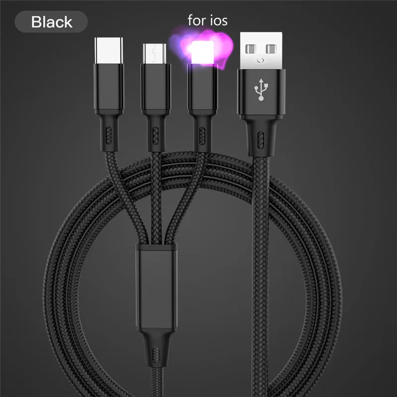 3 в 1 USB кабель для освещения iPhone Micro Nokia type C Xiaomi Note 7 нейлоновый провод для быстрого заряда usb-кабель на всех смартфоне - Цвет: Черный