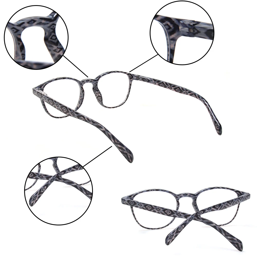 Henotin Lesebrille für Damen und Herren, HD-Gläser, zarter ovaler Musterrahmen, Federscharnier, Dioptrien +1,0 + 2,0 + 3,0 – Detail 4