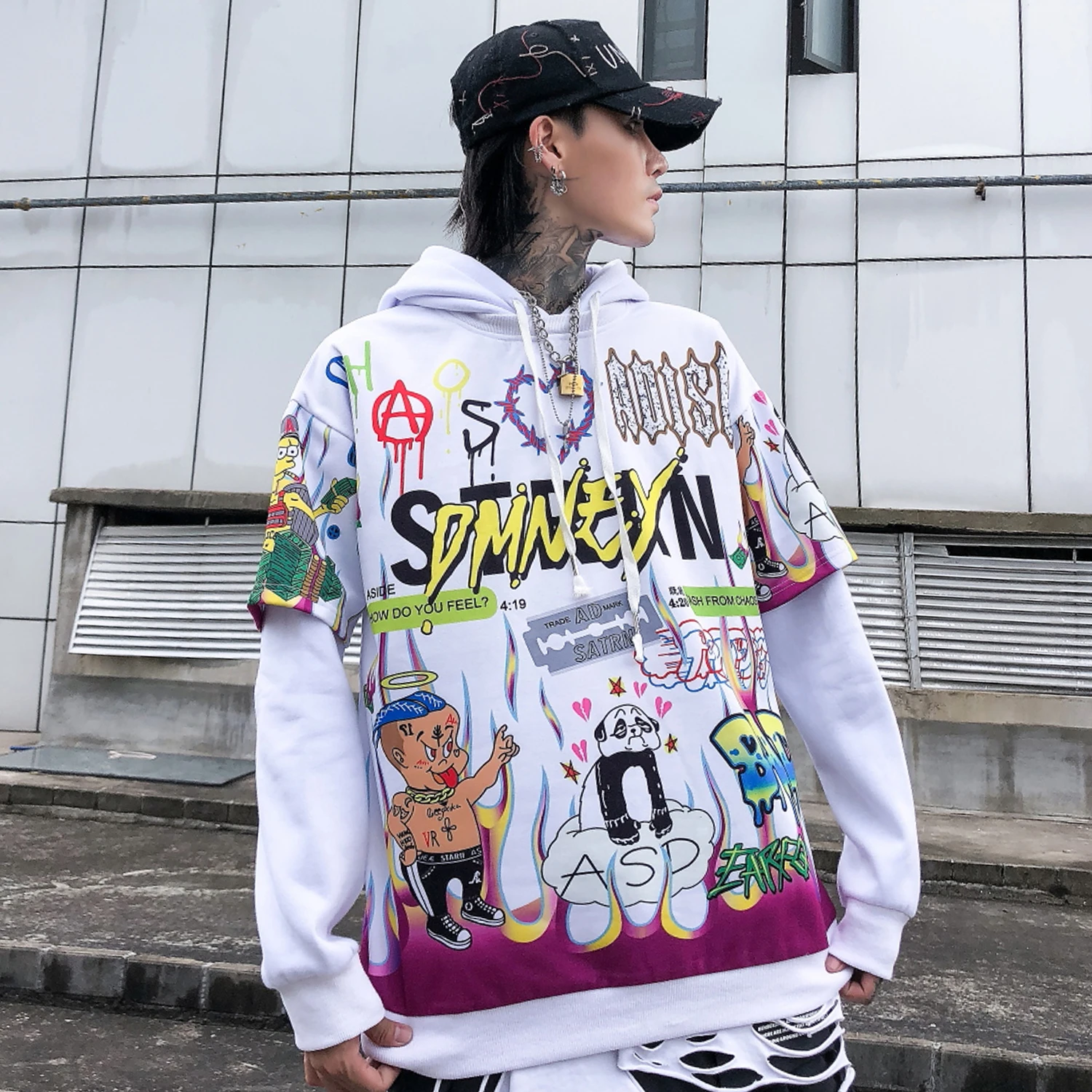 AELFRIC цветные часы толстовки с мультяшным принтом мужские Harajuku Хип Хоп лоскутный пуловер уличная Повседневная хлопковая толстовка с капюшоном