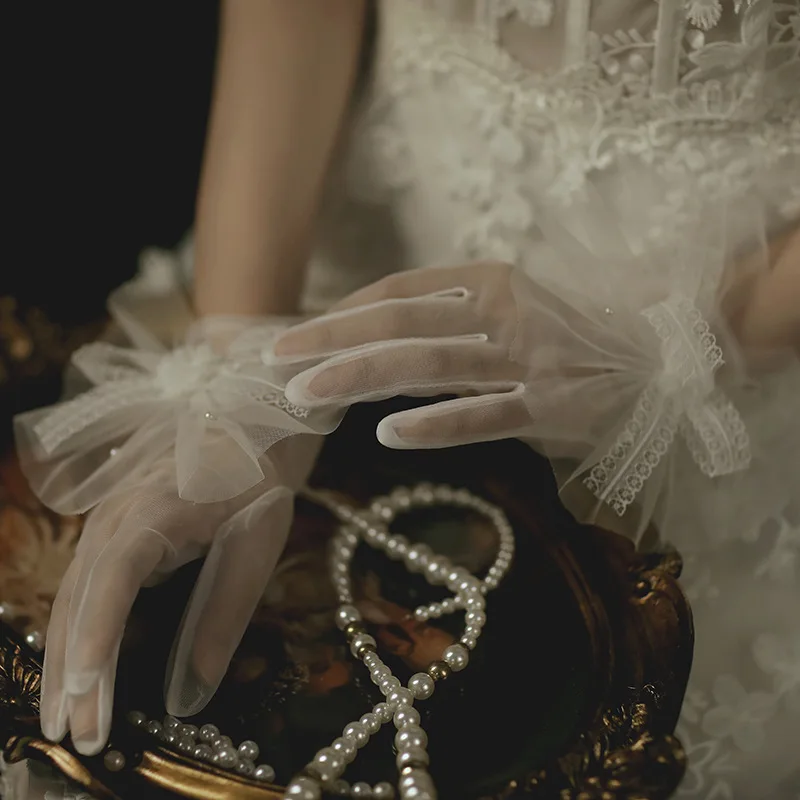 Дешевые Свадебные перчатки с закрытыми пальцами длина запястья Тюль бантом