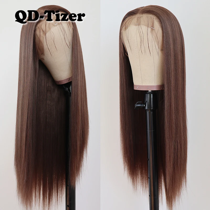 

QD-Tizer Brown Pink Burgundy Wig Synthetic Lace Front Wig Glueless Long Straight Synthetic Hair Soft Hair Heat Resistant Fiber