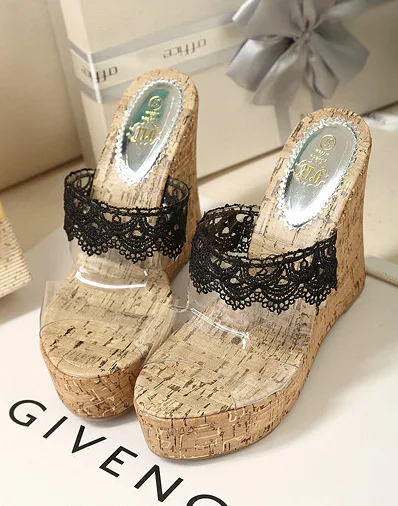 

2017 Summer New Style Korean-style Transparent Platform Thick Bottomed Slanted Heel High-Heel Waterproof Platform Lace Edge WOME
