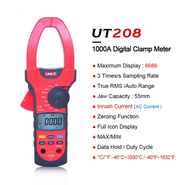 UT208 UNI-T UT207/UT208/UT209 Цифровой клещи 1000A True RMS AC/DC Амперметр Сопротивление/частота/Ом/температура/частота тестер - Цвет: UT208